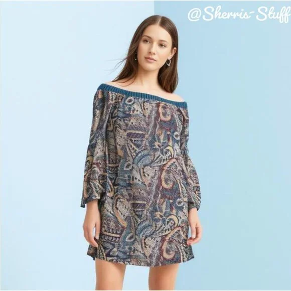 NWOT New Glam American Made Off-Shoulder Boho Print Dress Bell Sleeves Size S - Picture 1 of 9